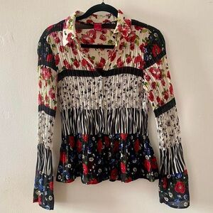 Y2K FLORAL PLEATED CRINKLE FLARE SLEEVE BLOUSE